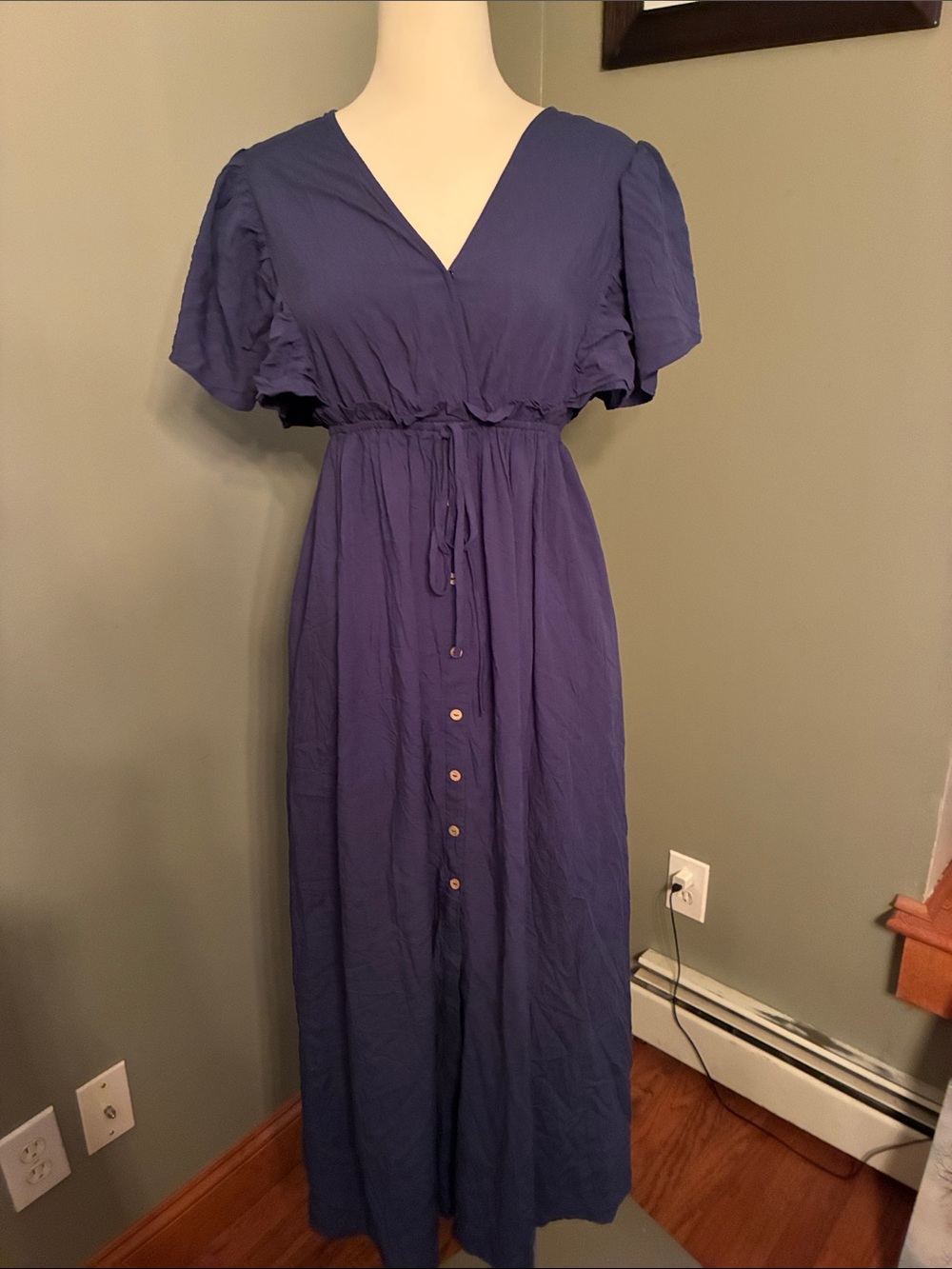 Cupshe Navy Blue V-Neck Button-Front Maxi Dress
